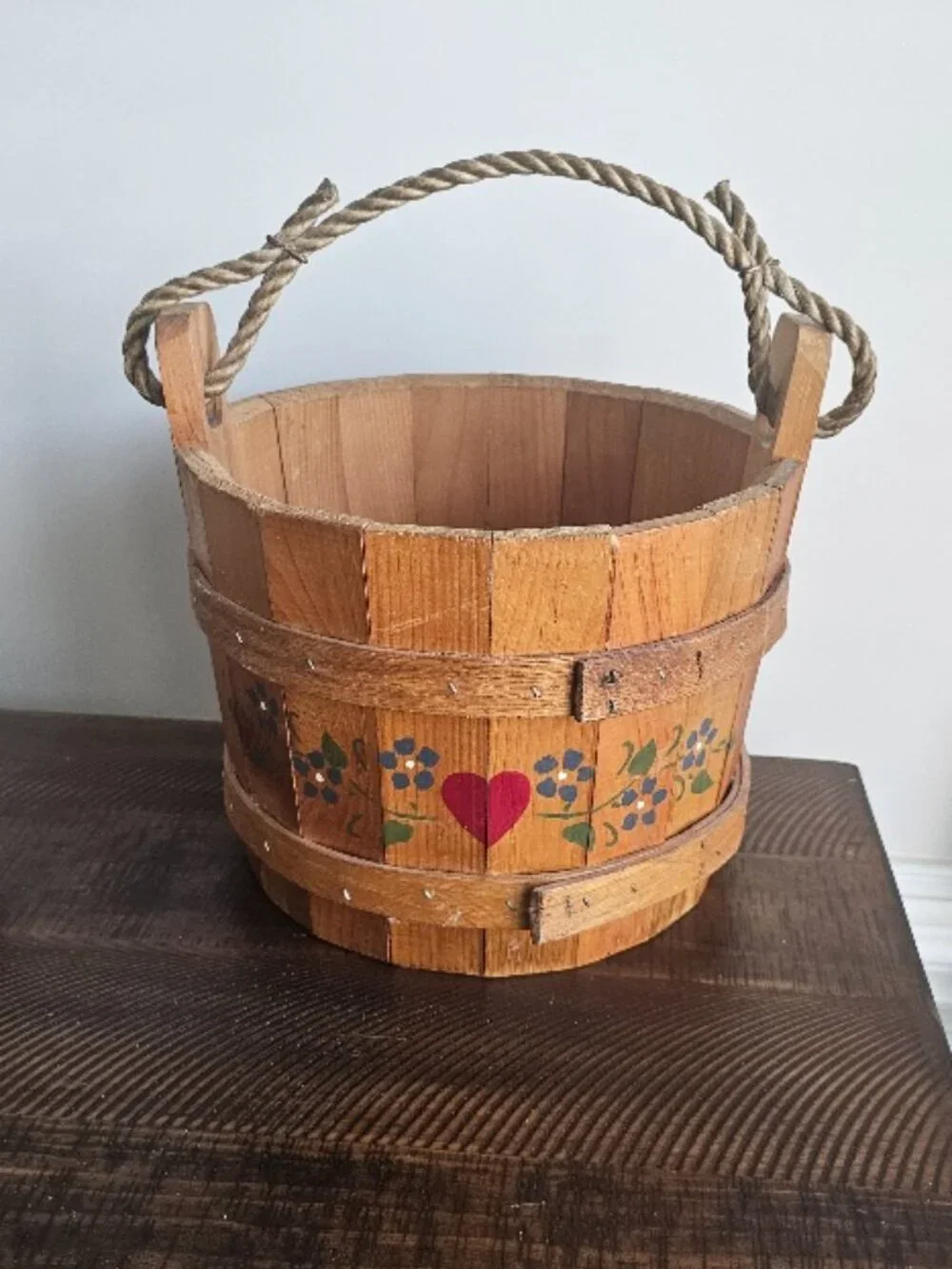 Vintage Heavy Wood Rope Handle Bucket Basket Primitive Farmhouse Rustic Decor